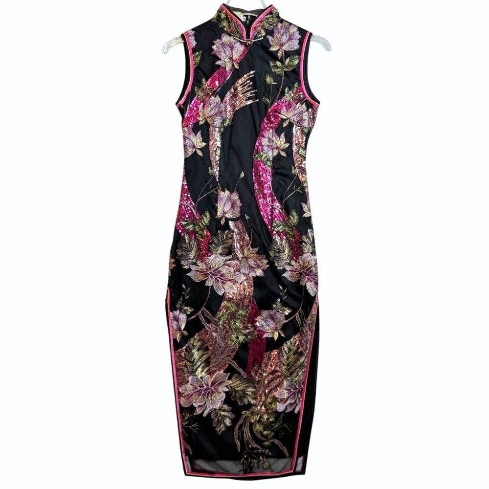 Floral Black and Pink Cheongsam Dress